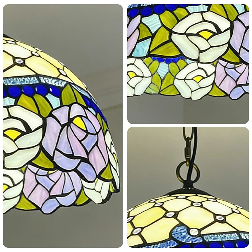 LIVARA Tiffany Stained Glass Chandelier Vintage Pendant Light 30x80cm for Dining Room Living Room Bedroom - Navy Blue