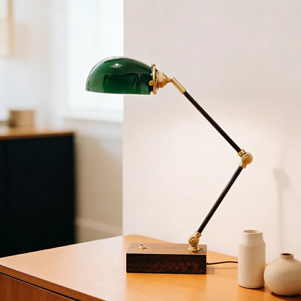LIVARA Vintage Banker Table Lamp Emerald Glass Brass Pull-rod Switch for Bedroom Study Office - Walnut