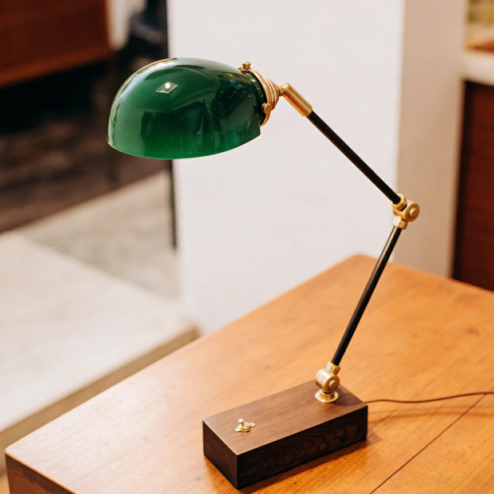 LIVARA Vintage Banker Table Lamp Emerald Glass Brass Pull-rod Switch for Bedroom Study Office - Walnut
