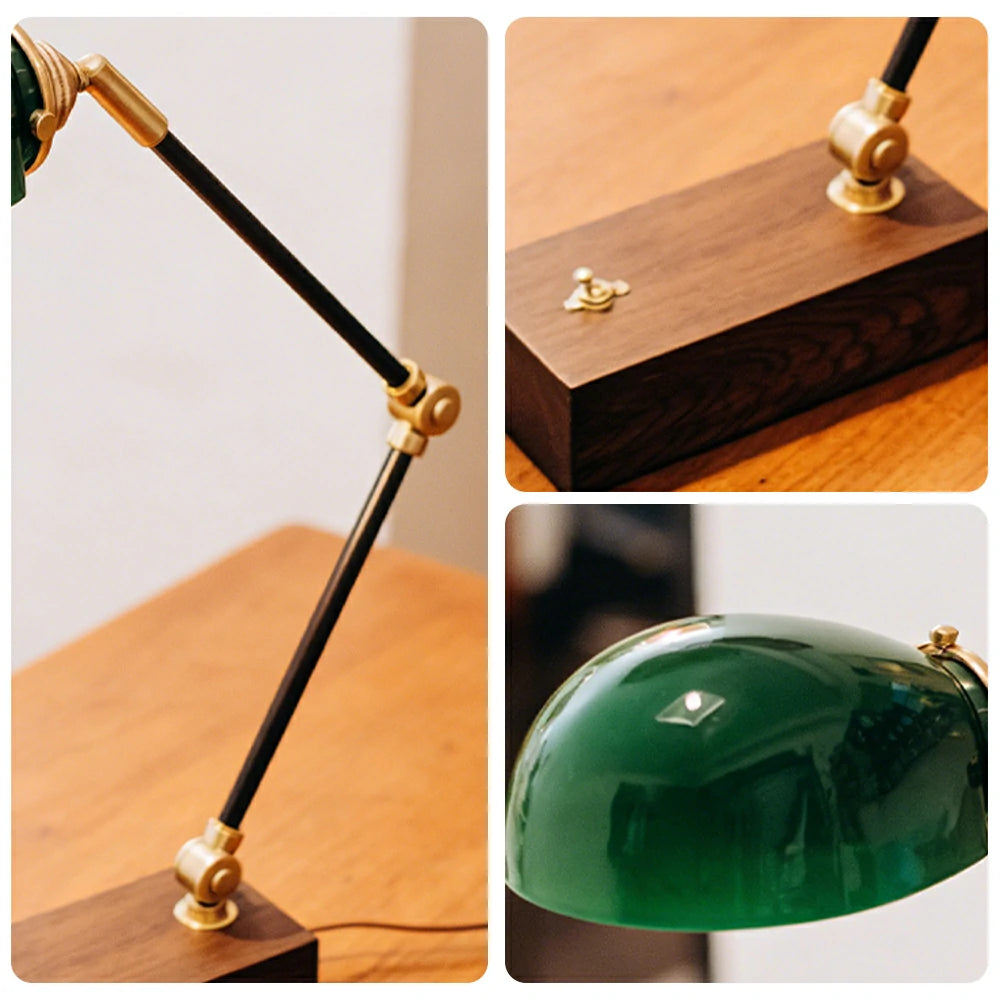 LIVARA Vintage Banker Table Lamp Emerald Glass Brass Pull-rod Switch for Bedroom Study Office - Walnut