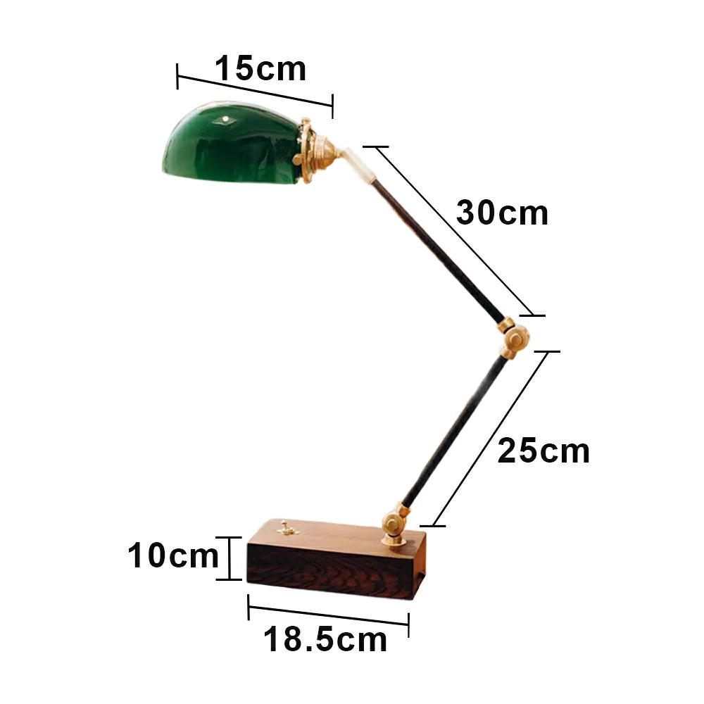 LIVARA Vintage Banker Table Lamp Emerald Glass Brass Pull-rod Switch for Bedroom Study Office - Walnut