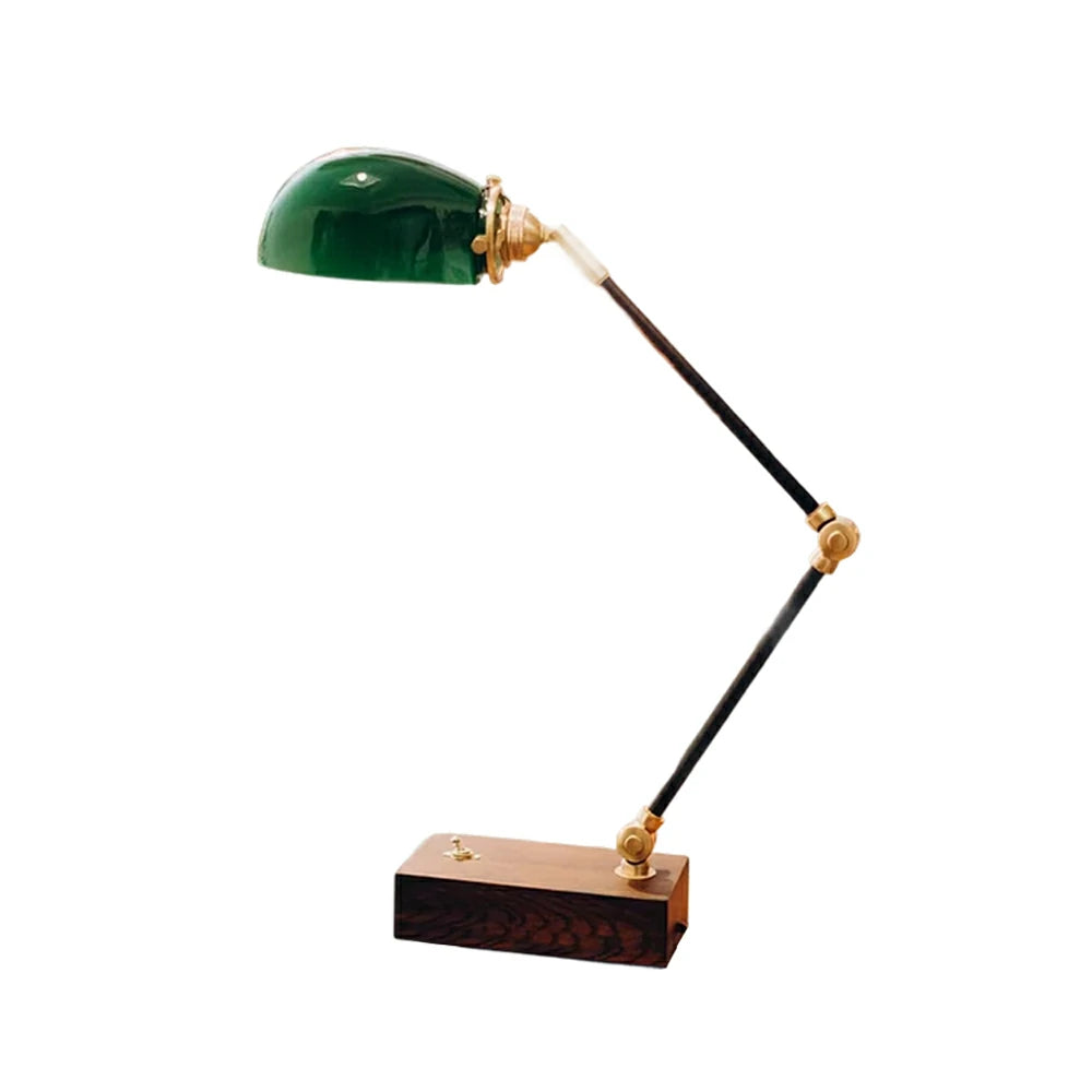 LIVARA Vintage Banker Table Lamp Emerald Glass Brass Pull-rod Switch for Bedroom Study Office - Walnut