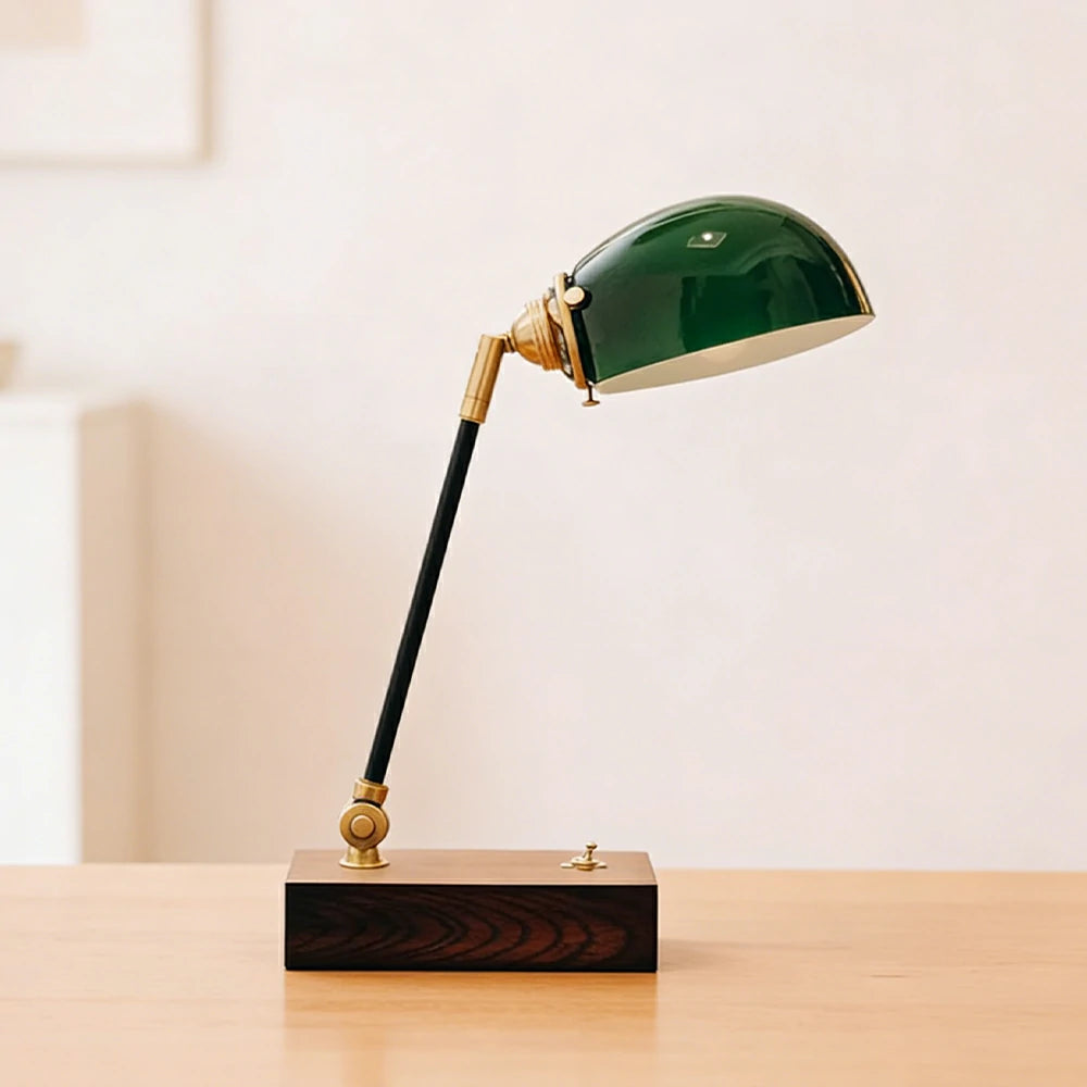 LIVARA Vintage Banker Table Lamp Emerald Glass Brass Pull-rod Switch for Bedroom Study Office - Walnut