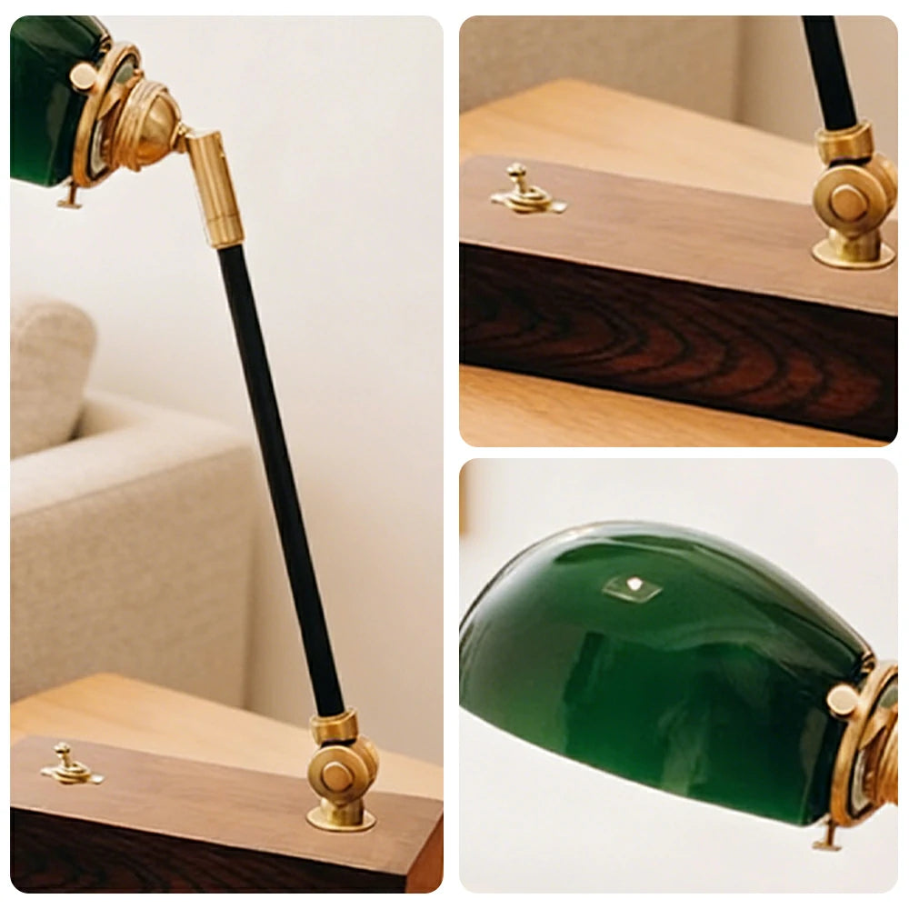 LIVARA Vintage Banker Table Lamp Emerald Glass Brass Pull-rod Switch for Bedroom Study Office - Walnut