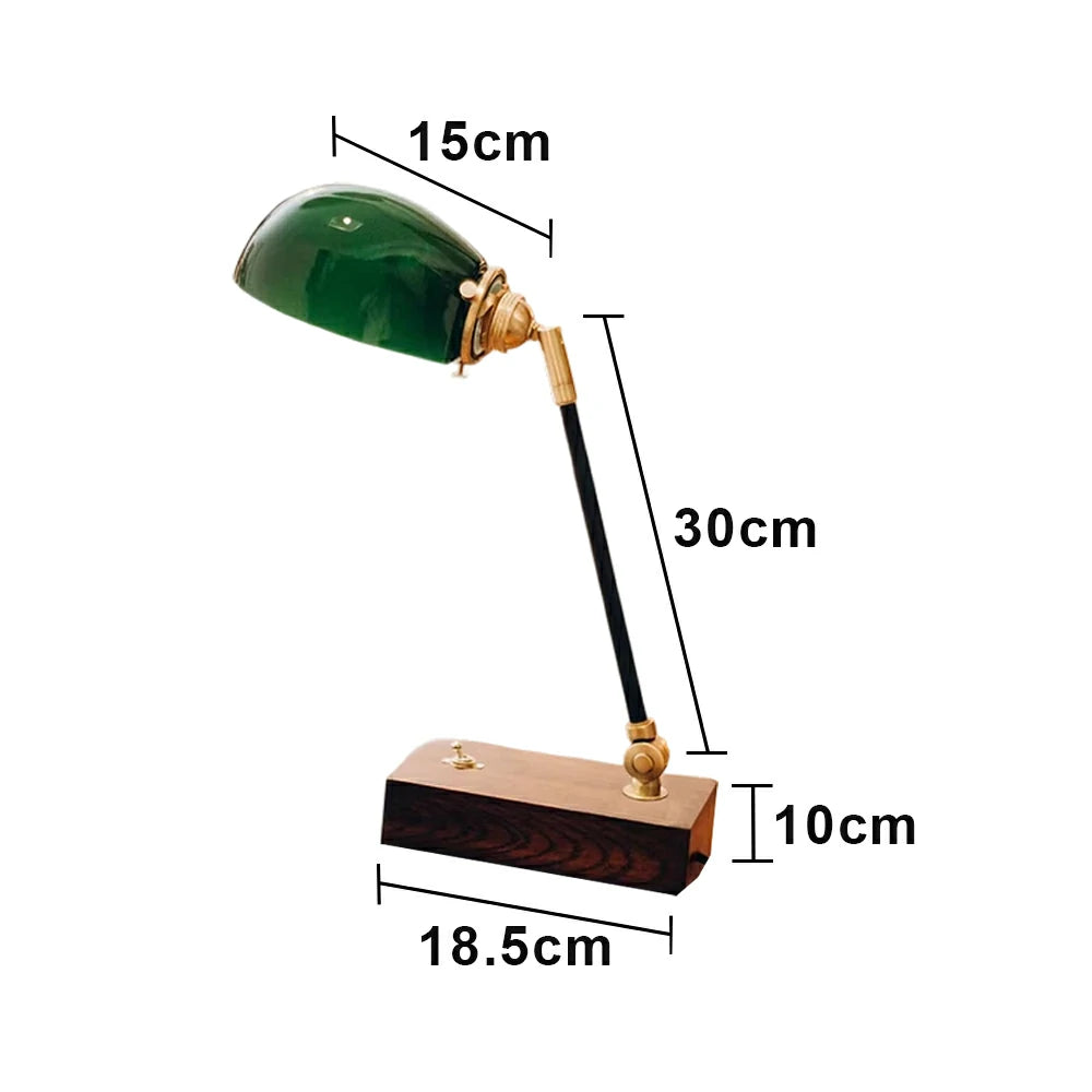 LIVARA Vintage Banker Table Lamp Emerald Glass Brass Pull-rod Switch for Bedroom Study Office - Walnut