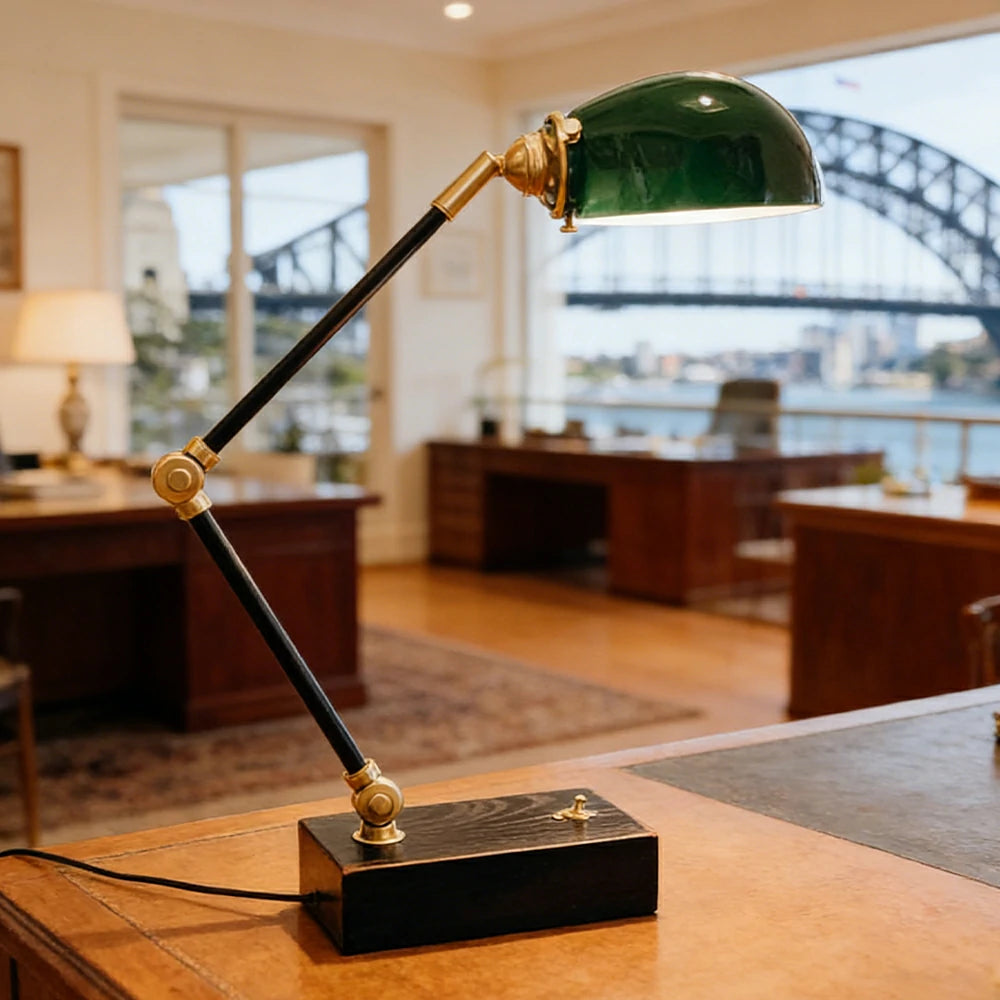 LIVARA Vintage Banker Table Lamp Emerald Glass Brass Pull-rod Switch for Bedroom Study Office - Black