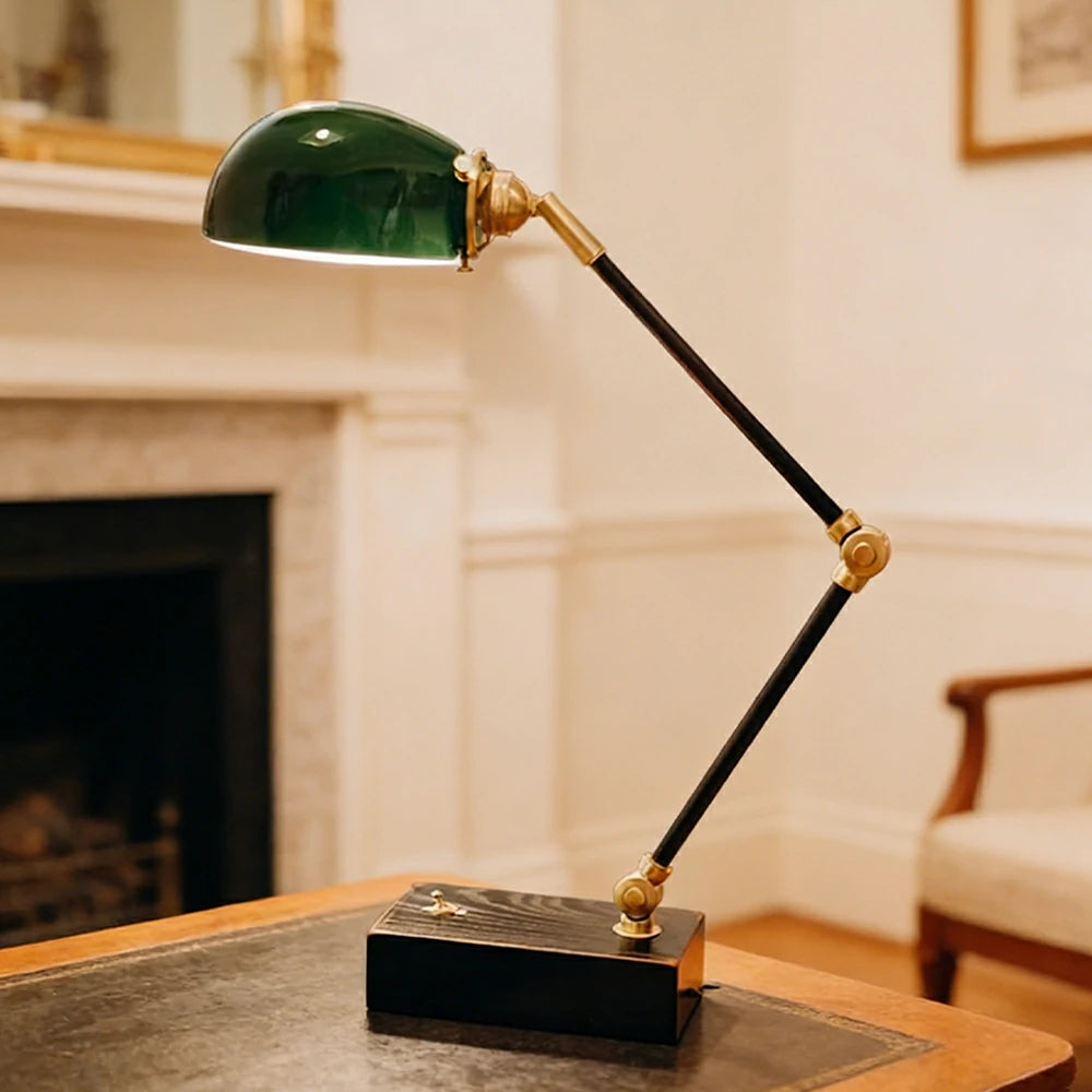 LIVARA Vintage Banker Table Lamp Emerald Glass Brass Pull-rod Switch for Bedroom Study Office - Black