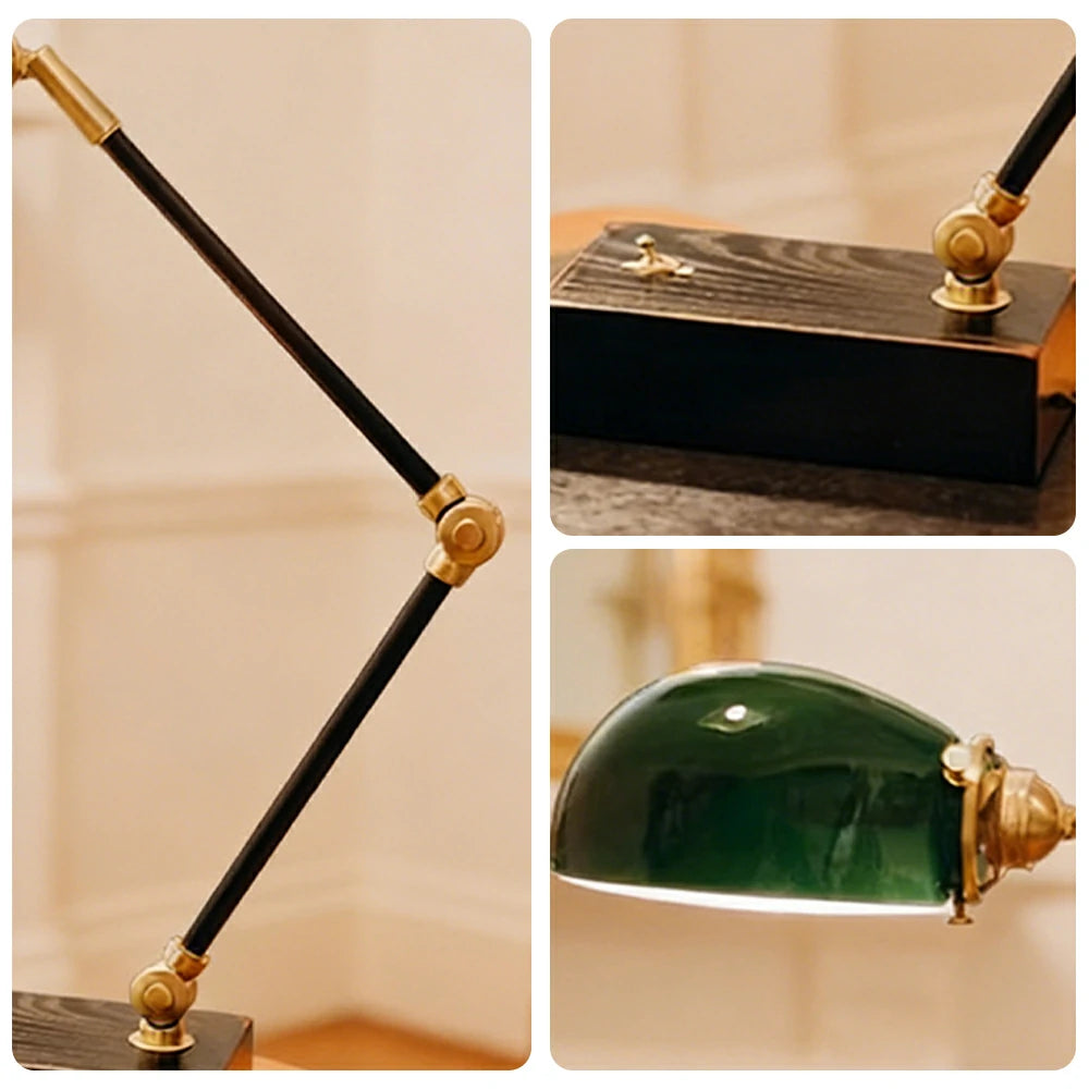 LIVARA Vintage Banker Table Lamp Emerald Glass Brass Pull-rod Switch for Bedroom Study Office - Black