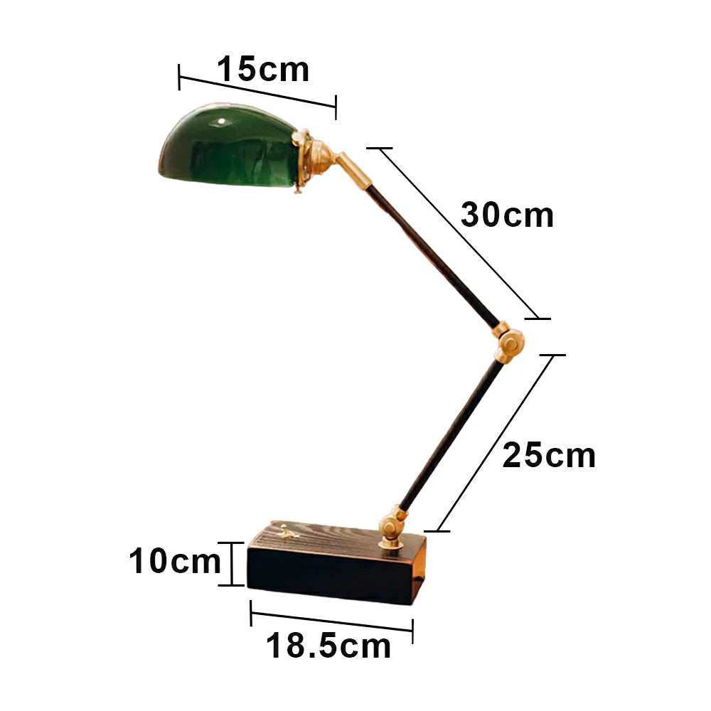 LIVARA Vintage Banker Table Lamp Emerald Glass Brass Pull-rod Switch for Bedroom Study Office - Black