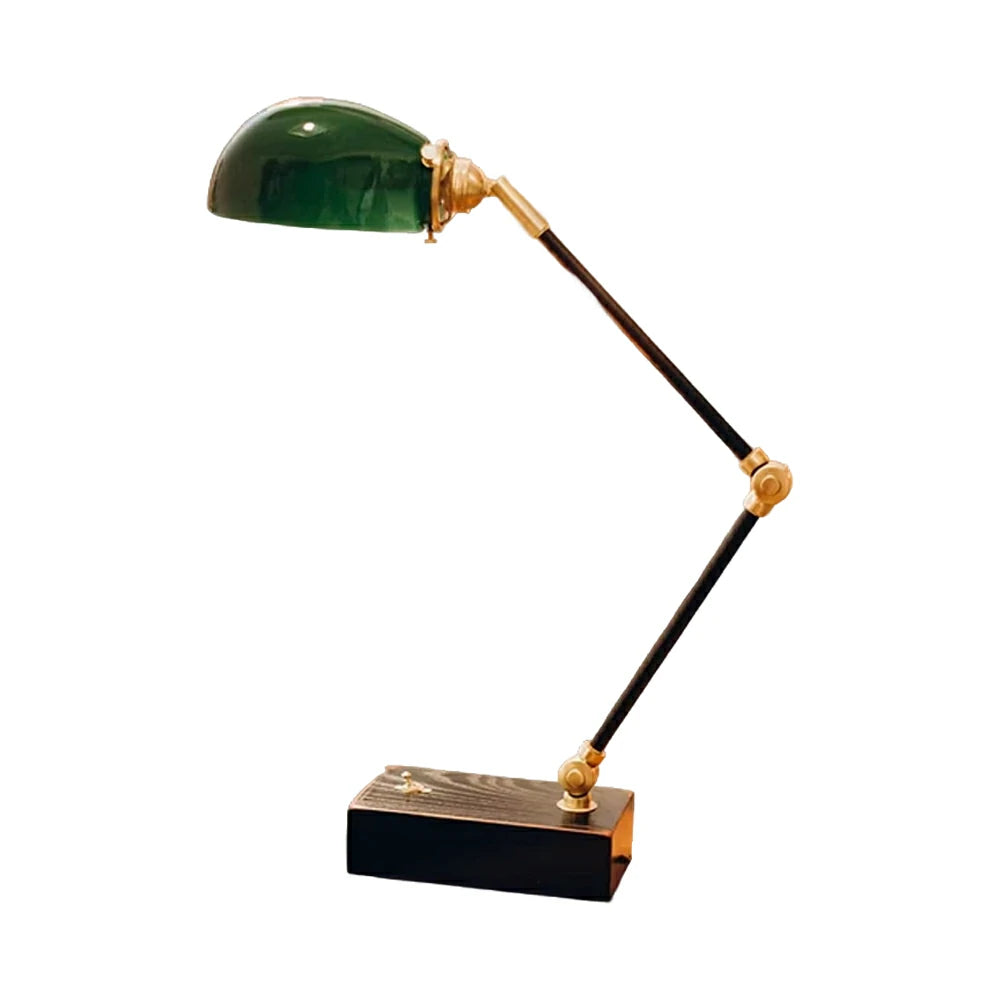 LIVARA Vintage Banker Table Lamp Emerald Glass Brass Pull-rod Switch for Bedroom Study Office - Black