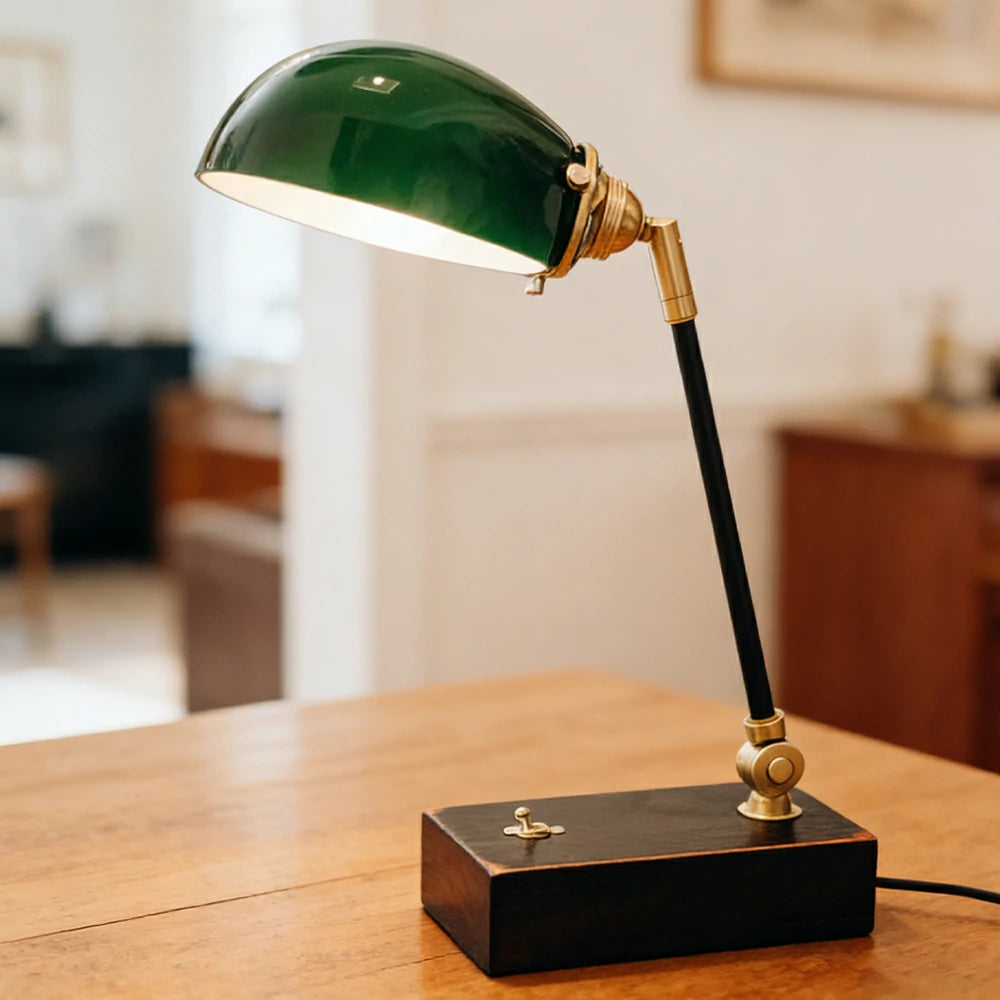 LIVARA Vintage Banker Table Lamp Emerald Glass Brass Pull-rod Switch for Bedroom Study Office - Black