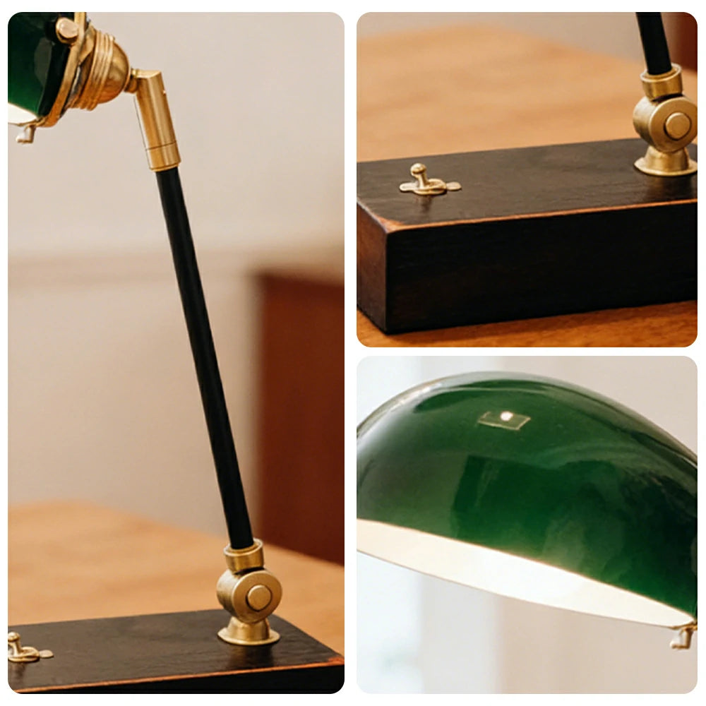 LIVARA Vintage Banker Table Lamp Emerald Glass Brass Pull-rod Switch for Bedroom Study Office - Black