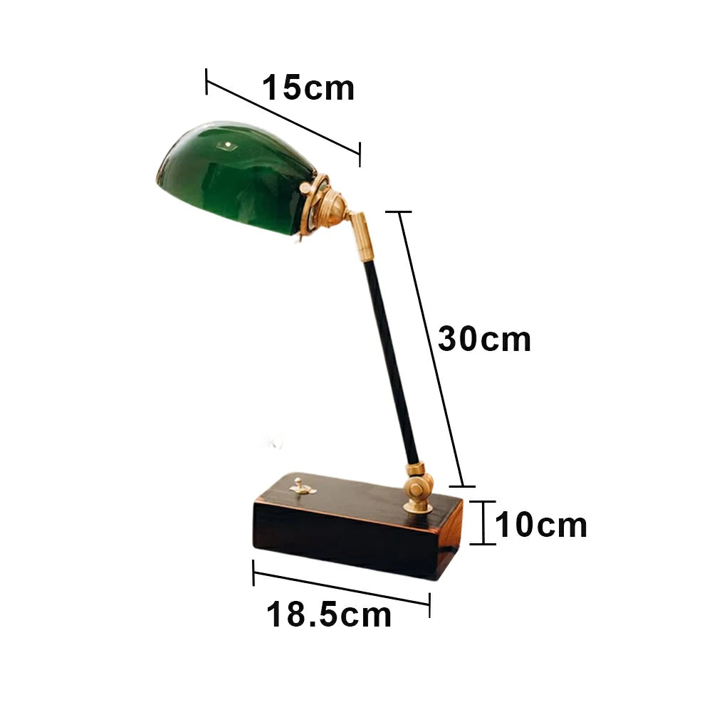 LIVARA Vintage Banker Table Lamp Emerald Glass Brass Pull-rod Switch for Bedroom Study Office - Black