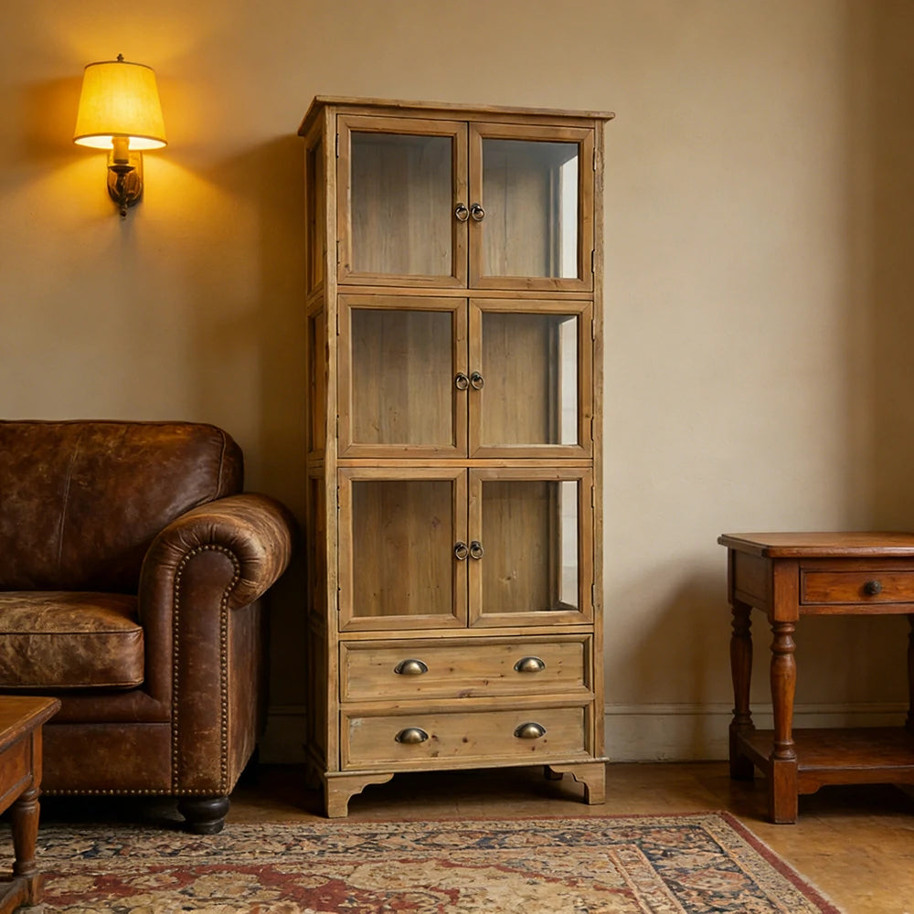 LIVARA Vintage Glass Display Cabinet Solid Wood Storage Cupboard with Drawers Rustic Country Style Modular Bookcase