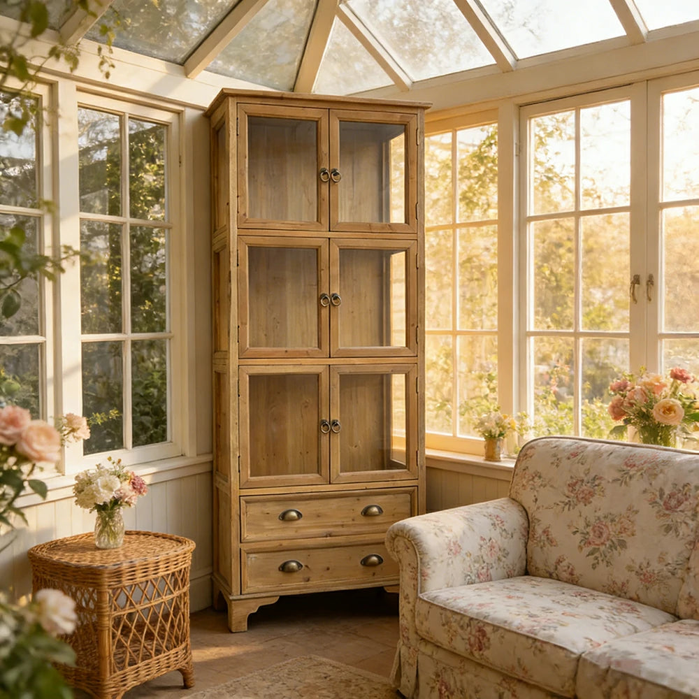 LIVARA Vintage Glass Display Cabinet Solid Wood Storage Cupboard with Drawers Rustic Country Style Modular Bookcase
