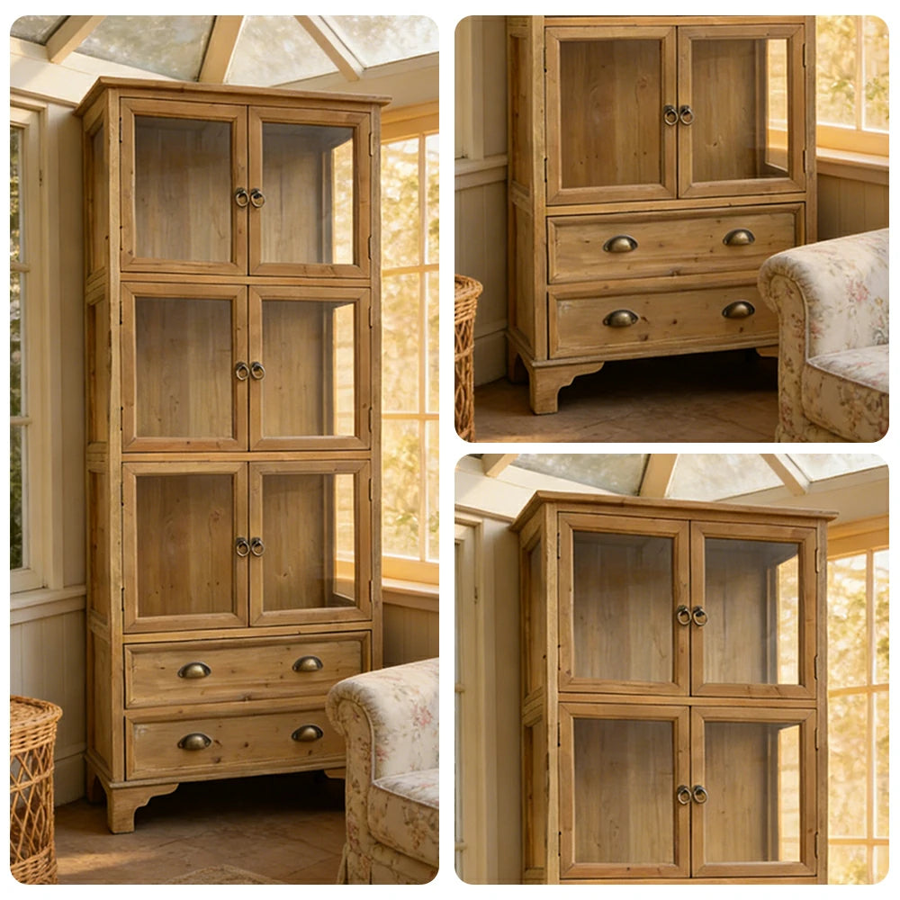 LIVARA Vintage Glass Display Cabinet Solid Wood Storage Cupboard with Drawers Rustic Country Style Modular Bookcase