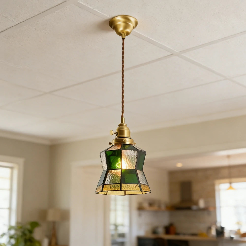 LIVARA Tiffany Stained Glass Pendant Light Vintage Brass Head Design for Dining Room Bedroom Living Room - Dark Green