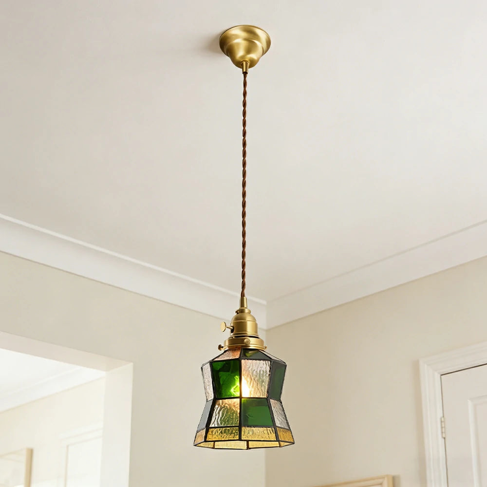 LIVARA Tiffany Stained Glass Pendant Light Vintage Brass Head Design for Dining Room Bedroom Living Room - Dark Green