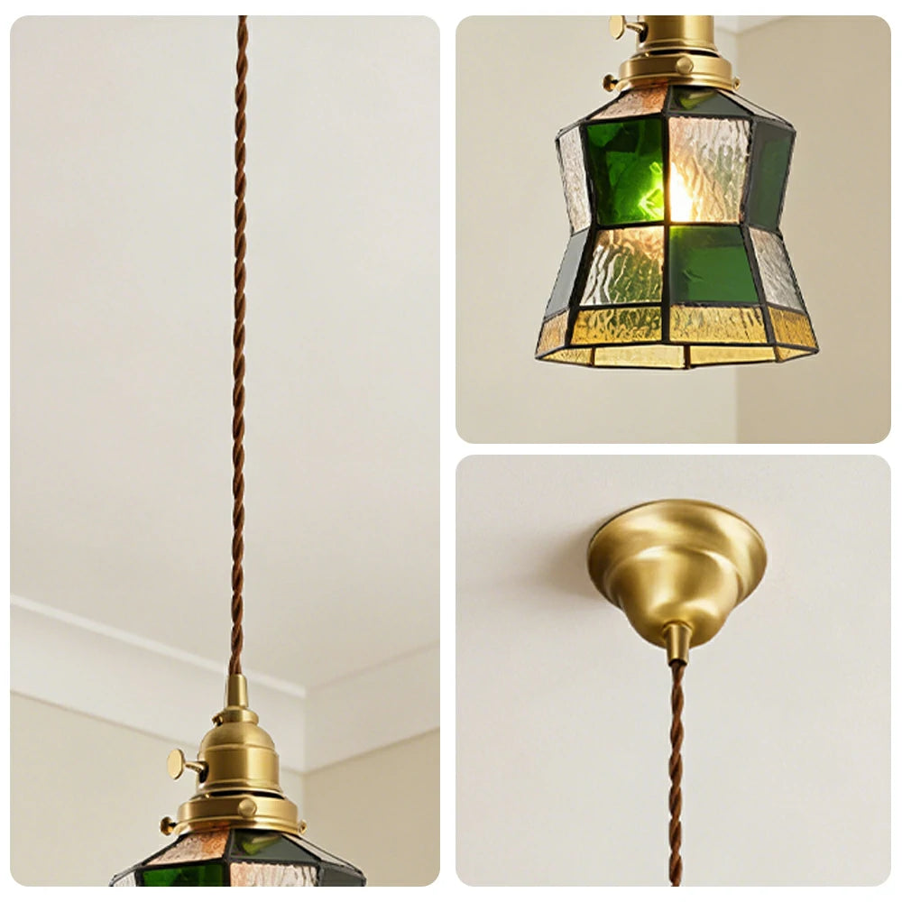 LIVARA Tiffany Stained Glass Pendant Light Vintage Brass Head Design for Dining Room Bedroom Living Room - Dark Green