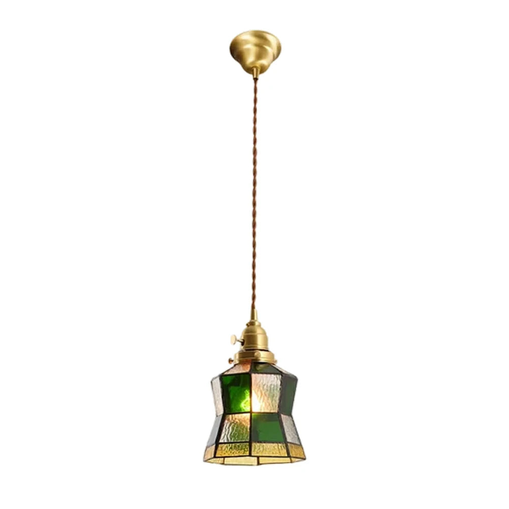 LIVARA Tiffany Stained Glass Pendant Light Vintage Brass Head Design for Dining Room Bedroom Living Room - Dark Green