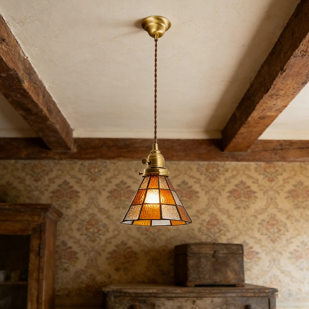 LIVARA Tiffany Stained Glass Pendant Light Vintage Brass Head Design for Dining Room Bedroom Living Room - Orange