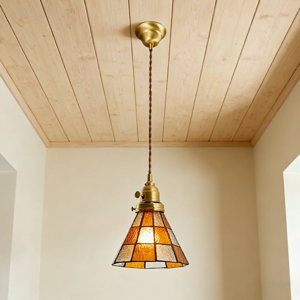 LIVARA Tiffany Stained Glass Pendant Light Vintage Brass Head Design for Dining Room Bedroom Living Room - Orange