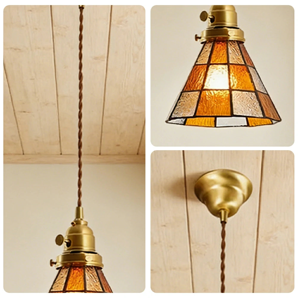 LIVARA Tiffany Stained Glass Pendant Light Vintage Brass Head Design for Dining Room Bedroom Living Room - Orange