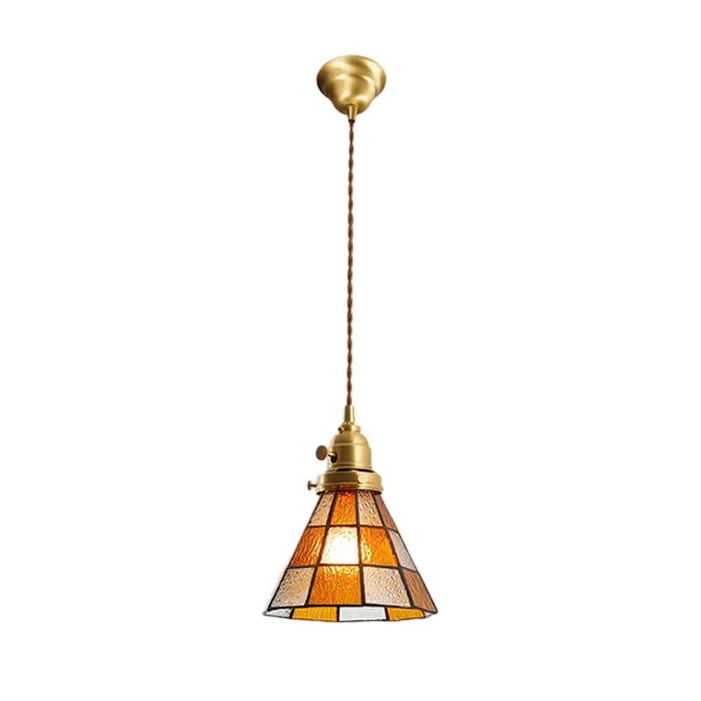 LIVARA Tiffany Stained Glass Pendant Light Vintage Brass Head Design for Dining Room Bedroom Living Room - Orange