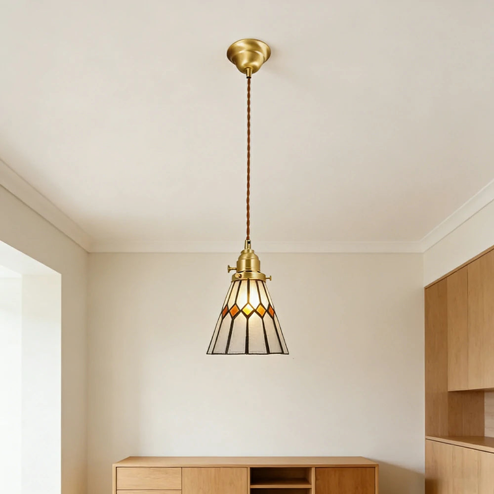 LIVARA Tiffany Stained Glass Pendant Light Diamond Pattern Brass Head Design for Dining Room Bedroom Living Room - Yellow