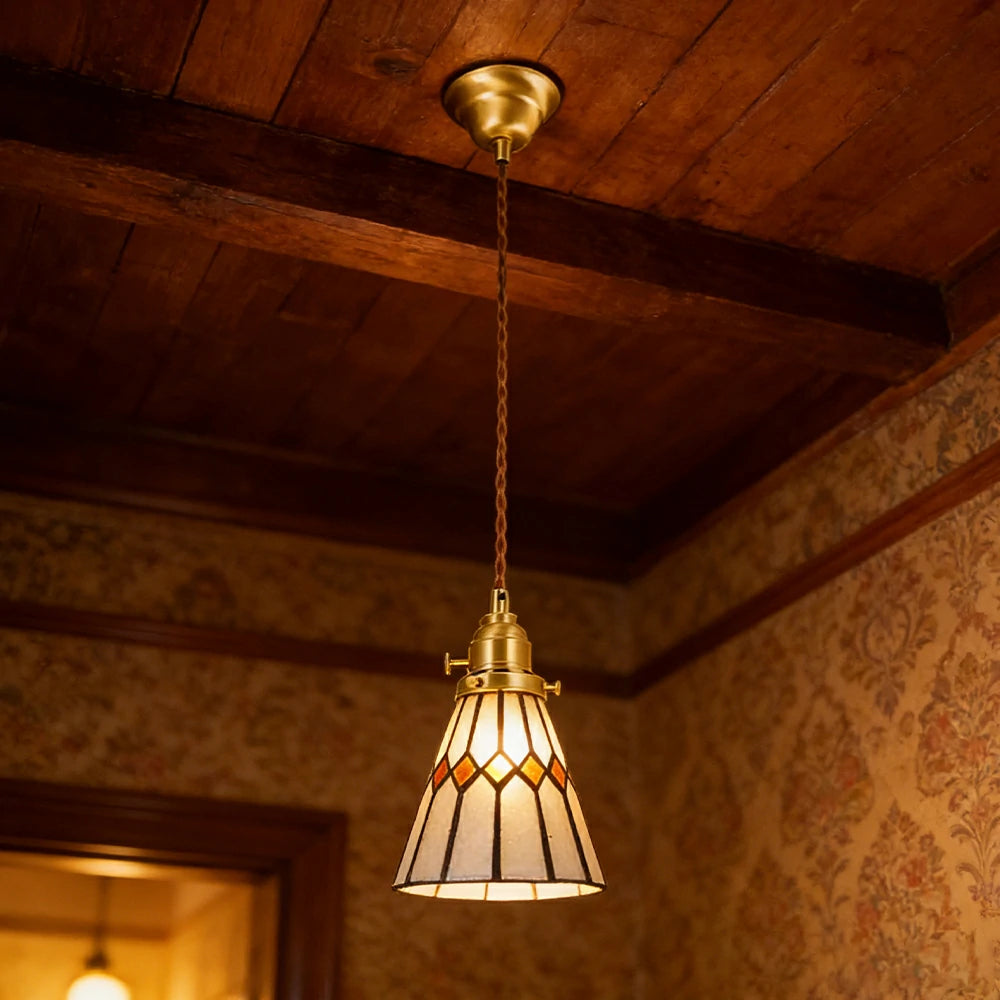 LIVARA Tiffany Stained Glass Pendant Light Diamond Pattern Brass Head Design for Dining Room Bedroom Living Room - Yellow
