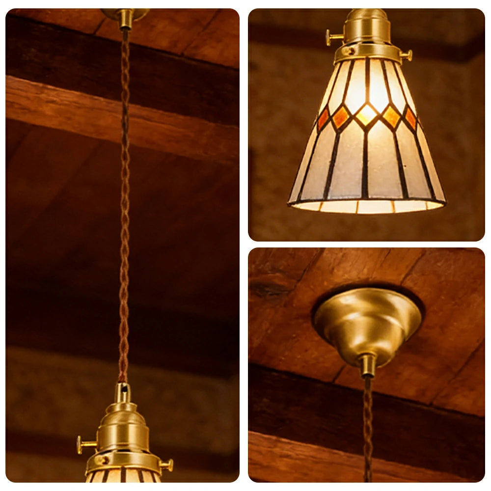 LIVARA Tiffany Stained Glass Pendant Light Diamond Pattern Brass Head Design for Dining Room Bedroom Living Room - Yellow