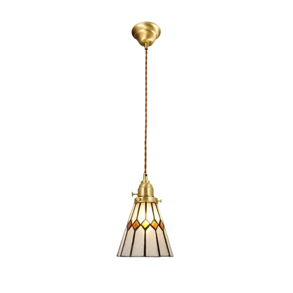 LIVARA Tiffany Stained Glass Pendant Light Diamond Pattern Brass Head Design for Dining Room Bedroom Living Room - Yellow