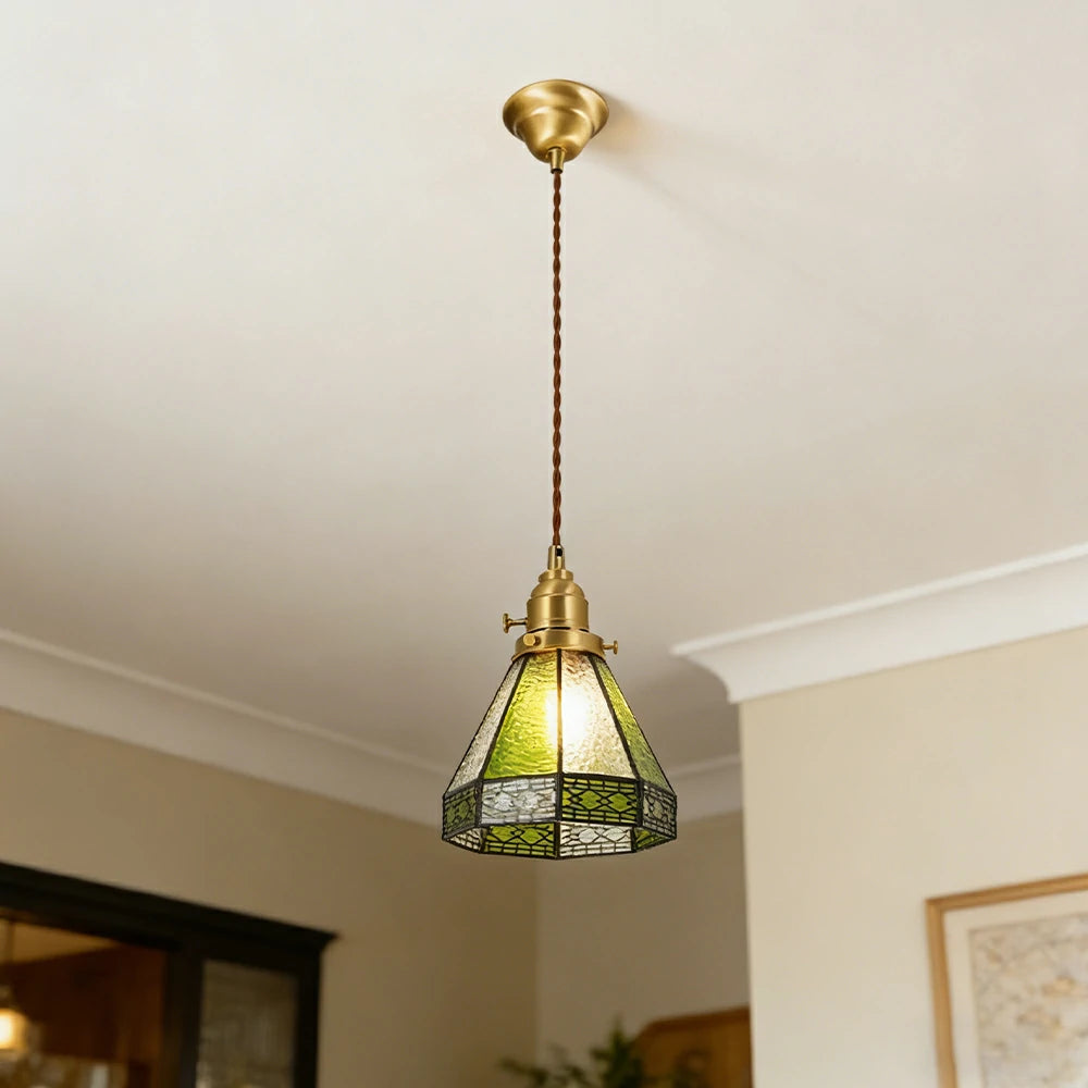 LIVARA Tiffany Stained Glass Pendant Light Lantern Style Brass Head Design for Dining Room Bedroom Living Room - Green