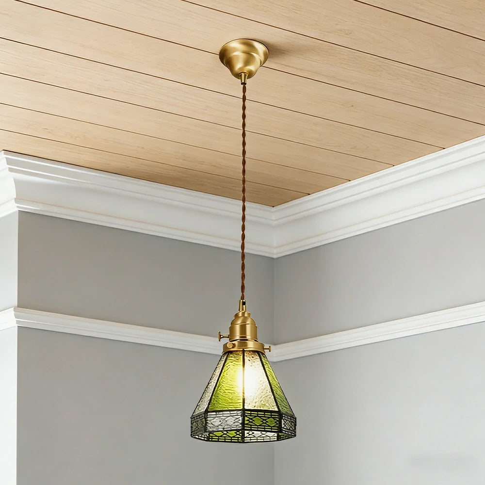 LIVARA Tiffany Stained Glass Pendant Light Lantern Style Brass Head Design for Dining Room Bedroom Living Room - Green