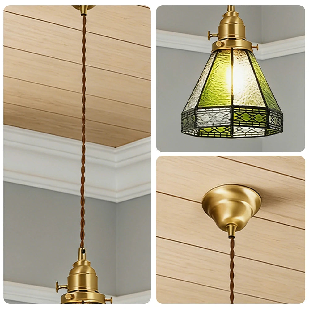 LIVARA Tiffany Stained Glass Pendant Light Lantern Style Brass Head Design for Dining Room Bedroom Living Room - Green