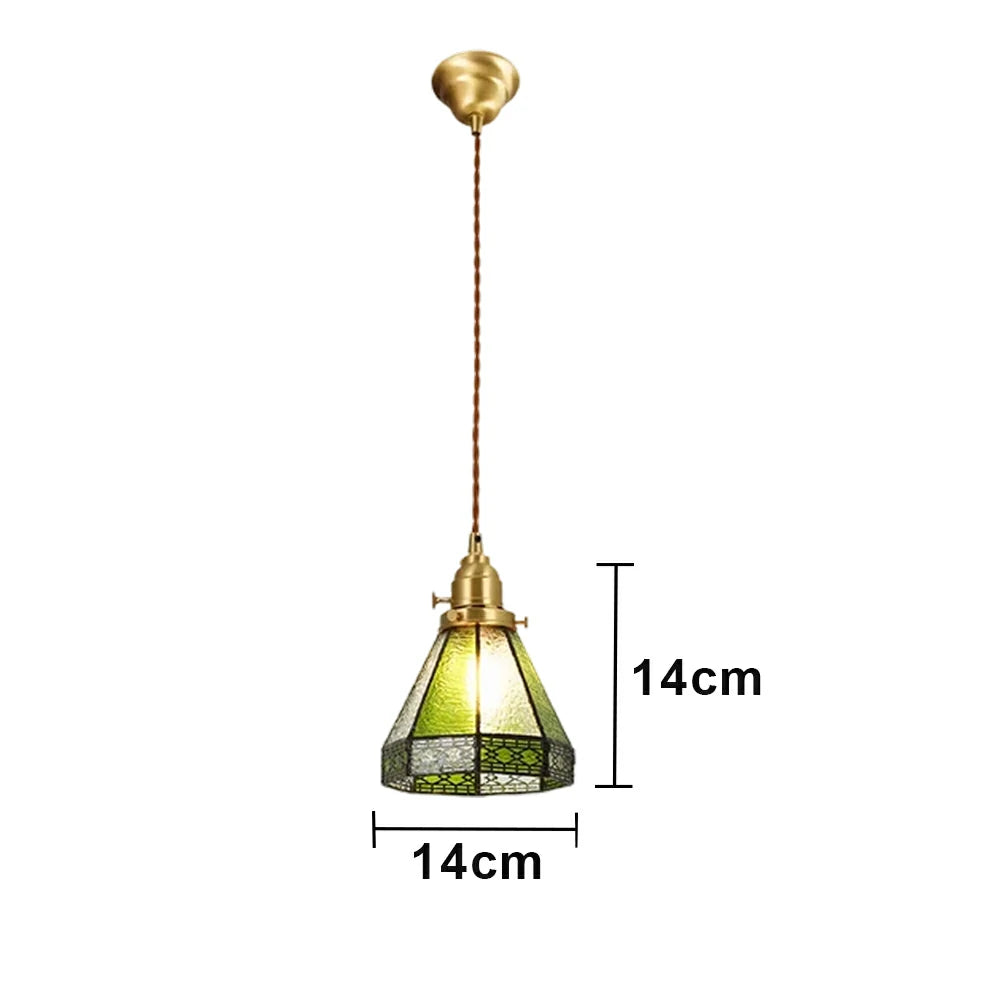LIVARA Tiffany Stained Glass Pendant Light Lantern Style Brass Head Design for Dining Room Bedroom Living Room - Green