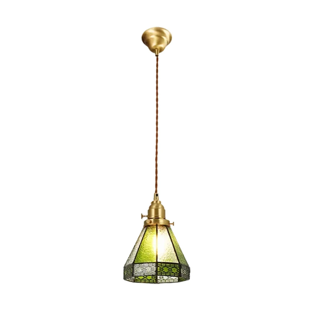 LIVARA Tiffany Stained Glass Pendant Light Lantern Style Brass Head Design for Dining Room Bedroom Living Room - Green
