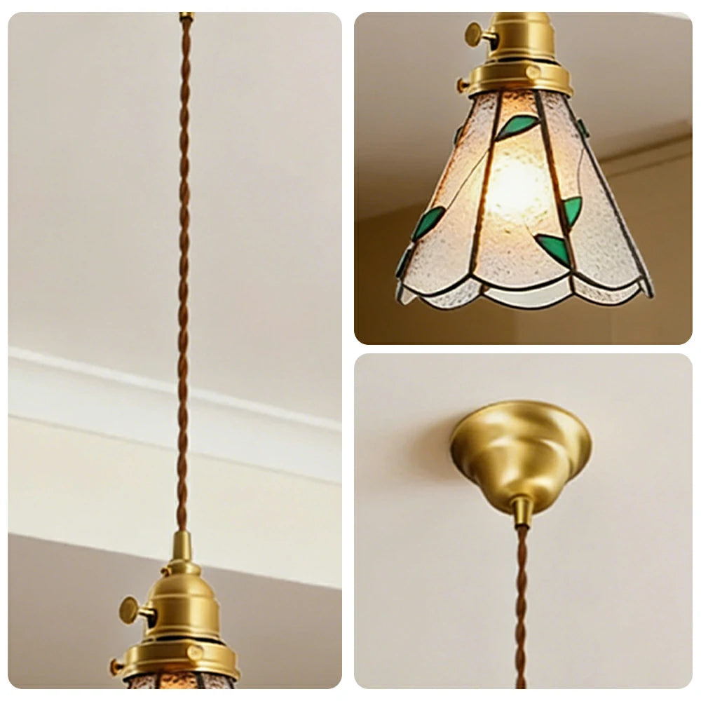 LIVARA Tiffany Stained Glass Pendant Light Leaf Pattern Brass Head Design for Dining Room Bedroom Living Room - Green