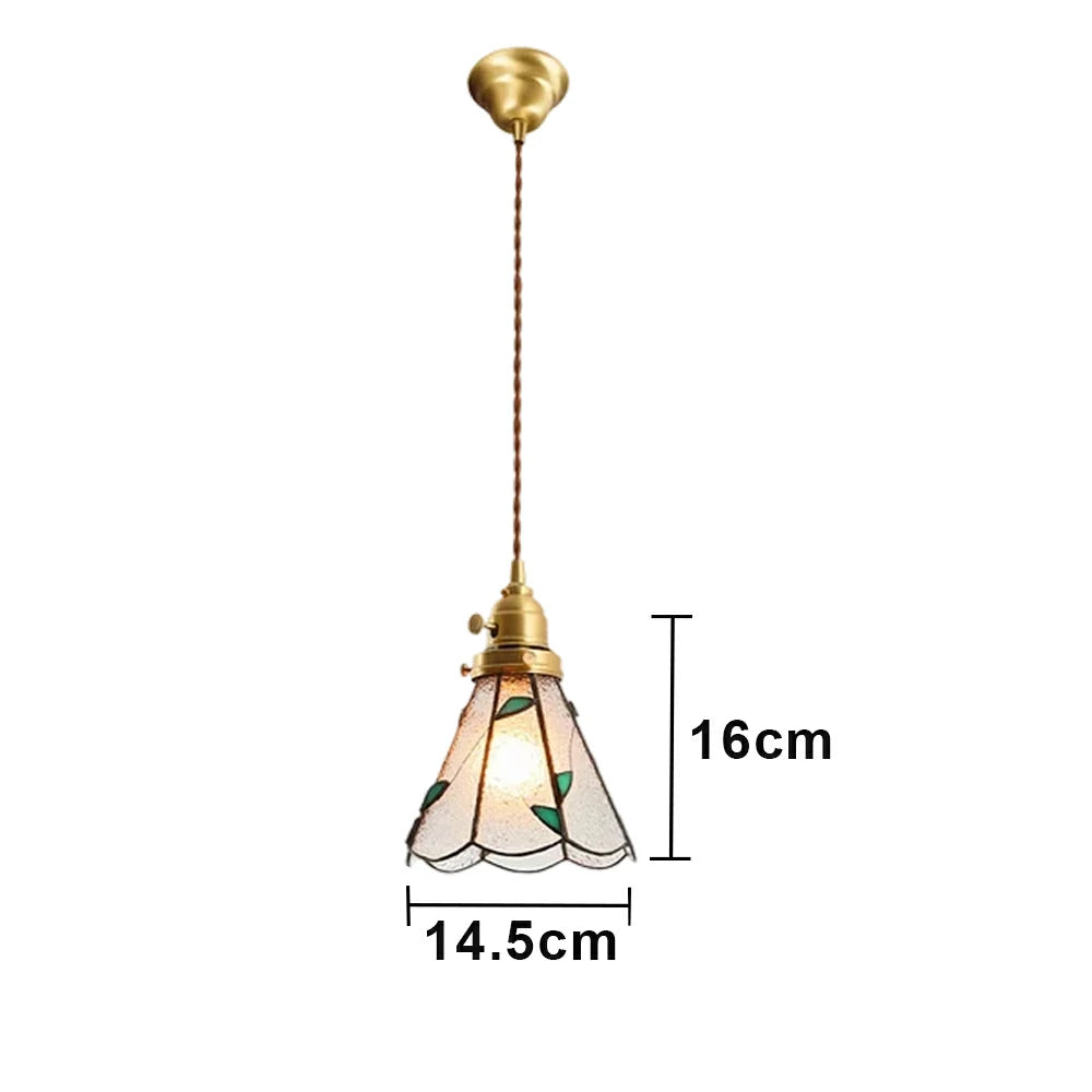 LIVARA Tiffany Stained Glass Pendant Light Leaf Pattern Brass Head Design for Dining Room Bedroom Living Room - Green