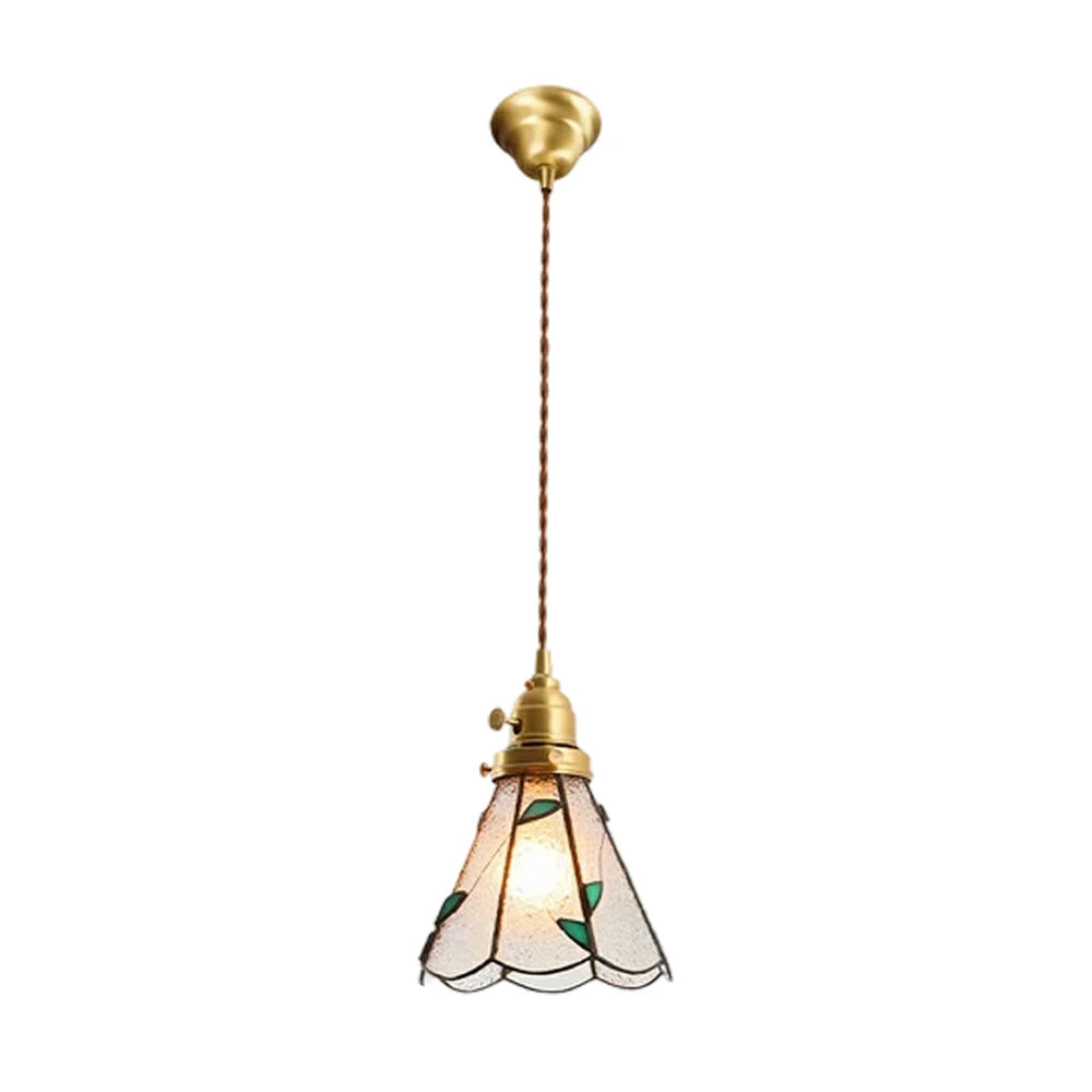 LIVARA Tiffany Stained Glass Pendant Light Leaf Pattern Brass Head Design for Dining Room Bedroom Living Room - Green