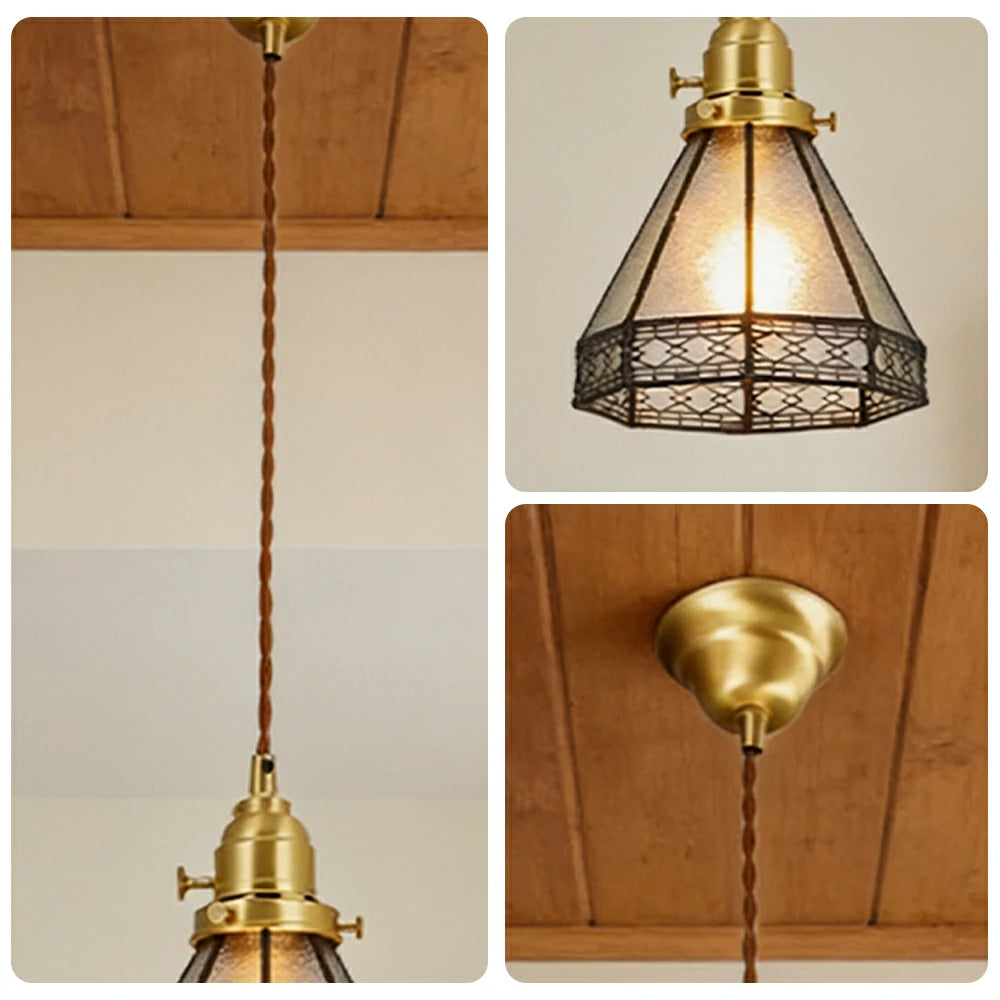 LIVARA Tiffany Stained Glass Pendant Light Lantern Style Brass Head Design for Dining Room Bedroom Living Room - White