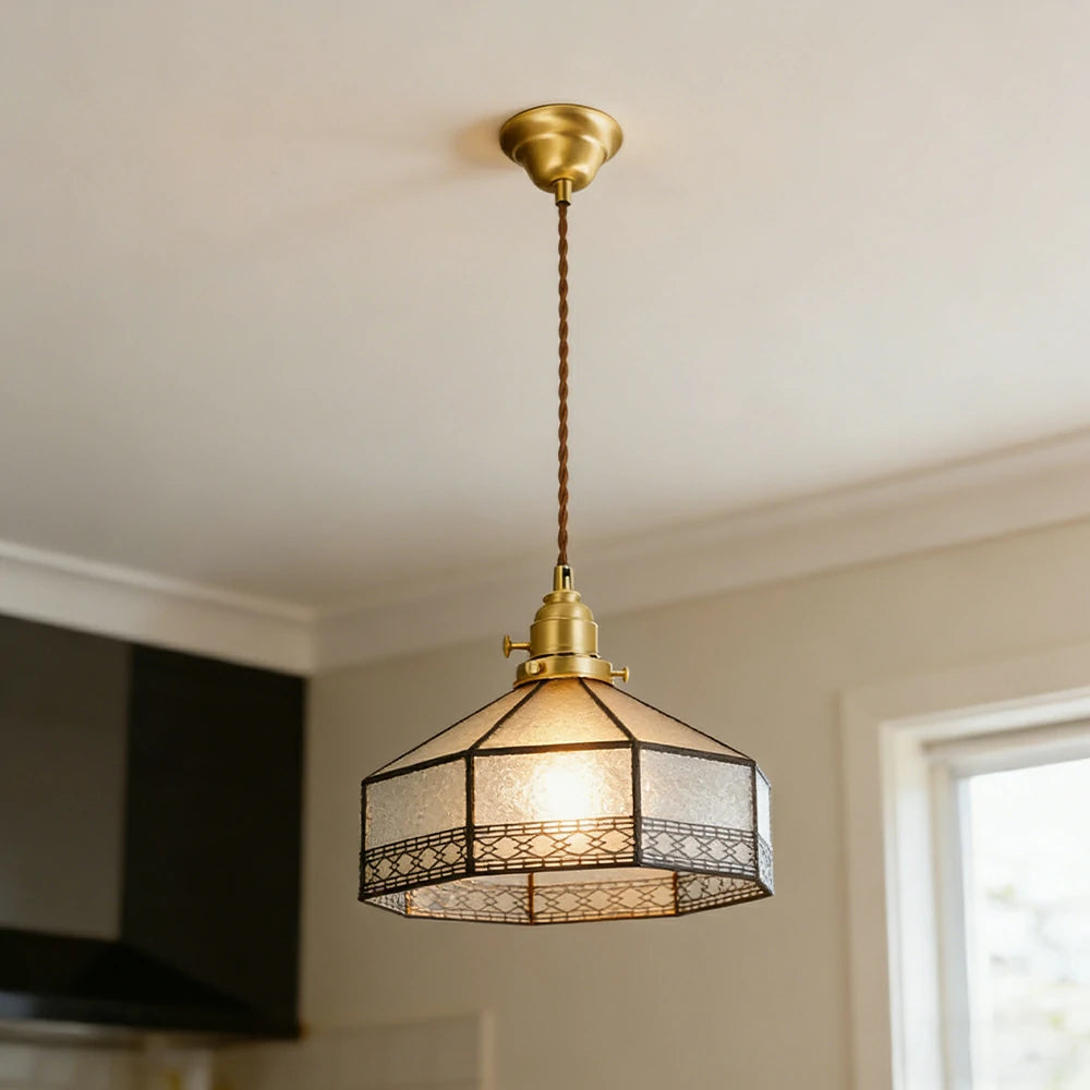LIVARA Tiffany Stained Glass Pendant Light Octagonal Design Brass Head for Dining Room Bedroom Living Room - White