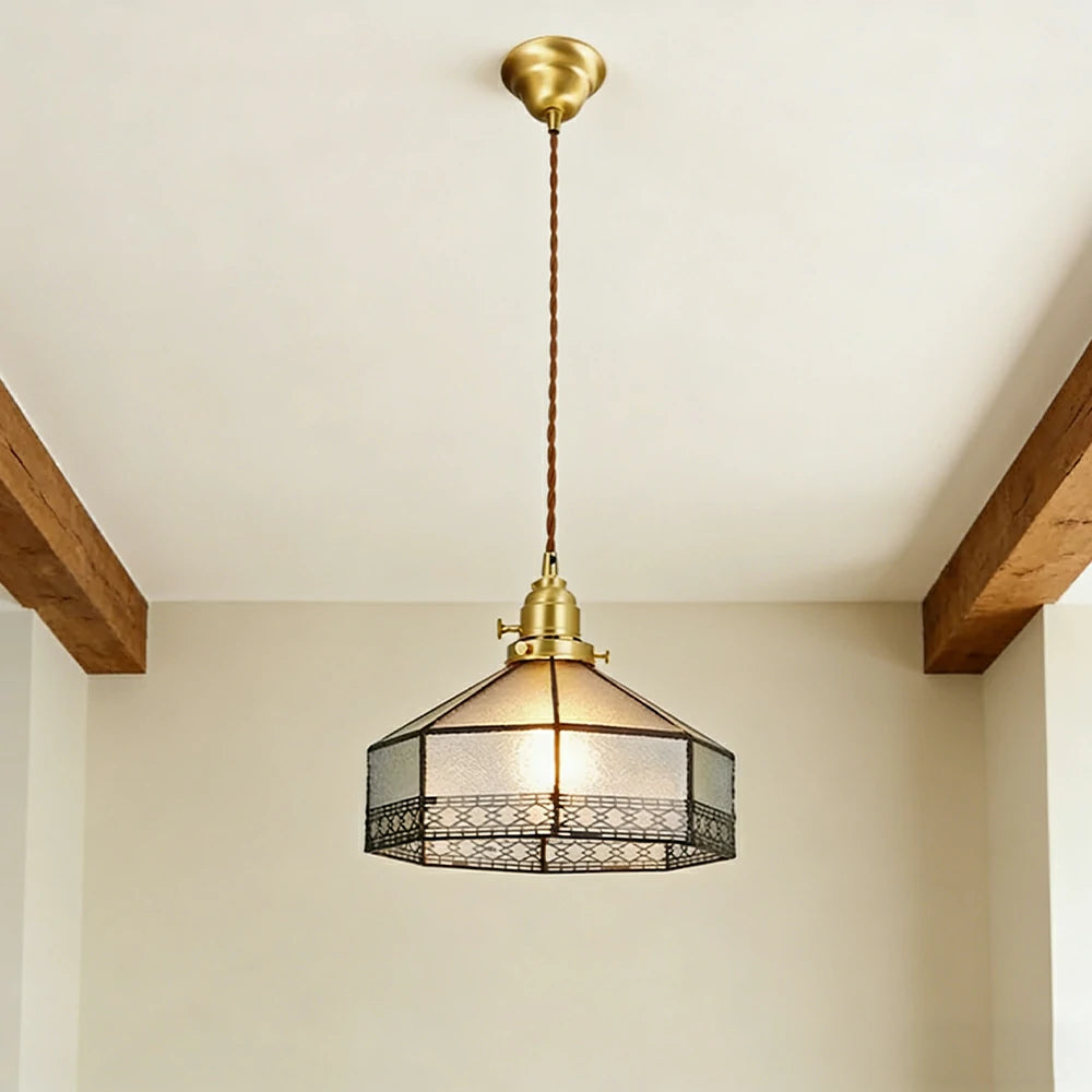 LIVARA Tiffany Stained Glass Pendant Light Octagonal Design Brass Head for Dining Room Bedroom Living Room - White