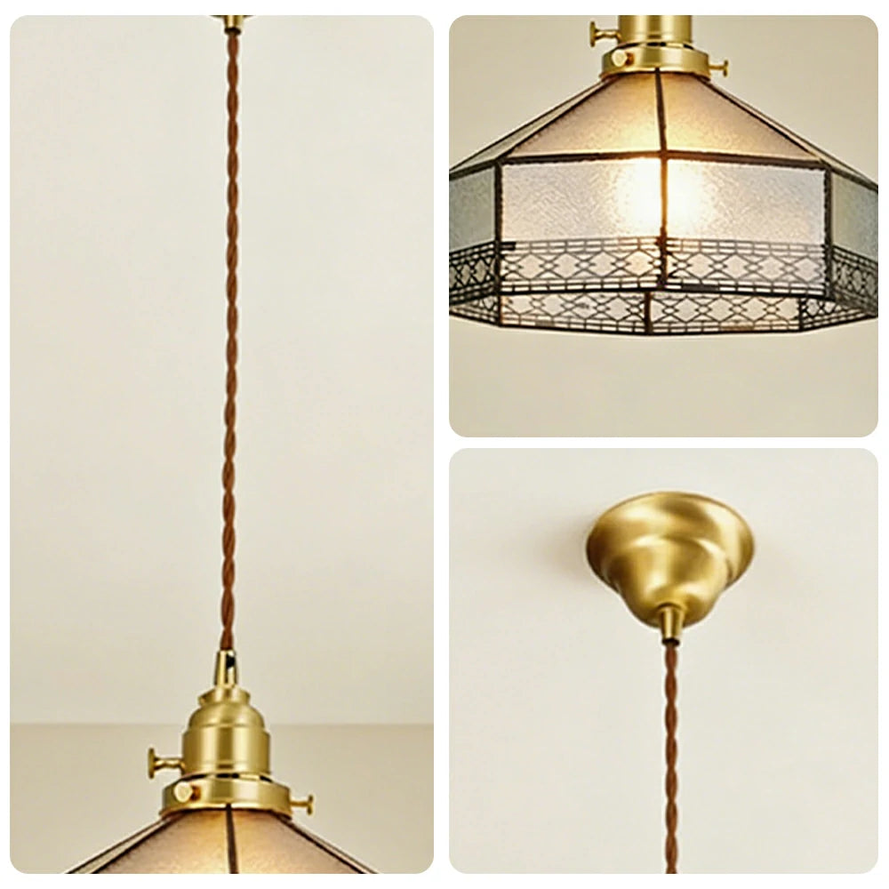 LIVARA Tiffany Stained Glass Pendant Light Octagonal Design Brass Head for Dining Room Bedroom Living Room - White