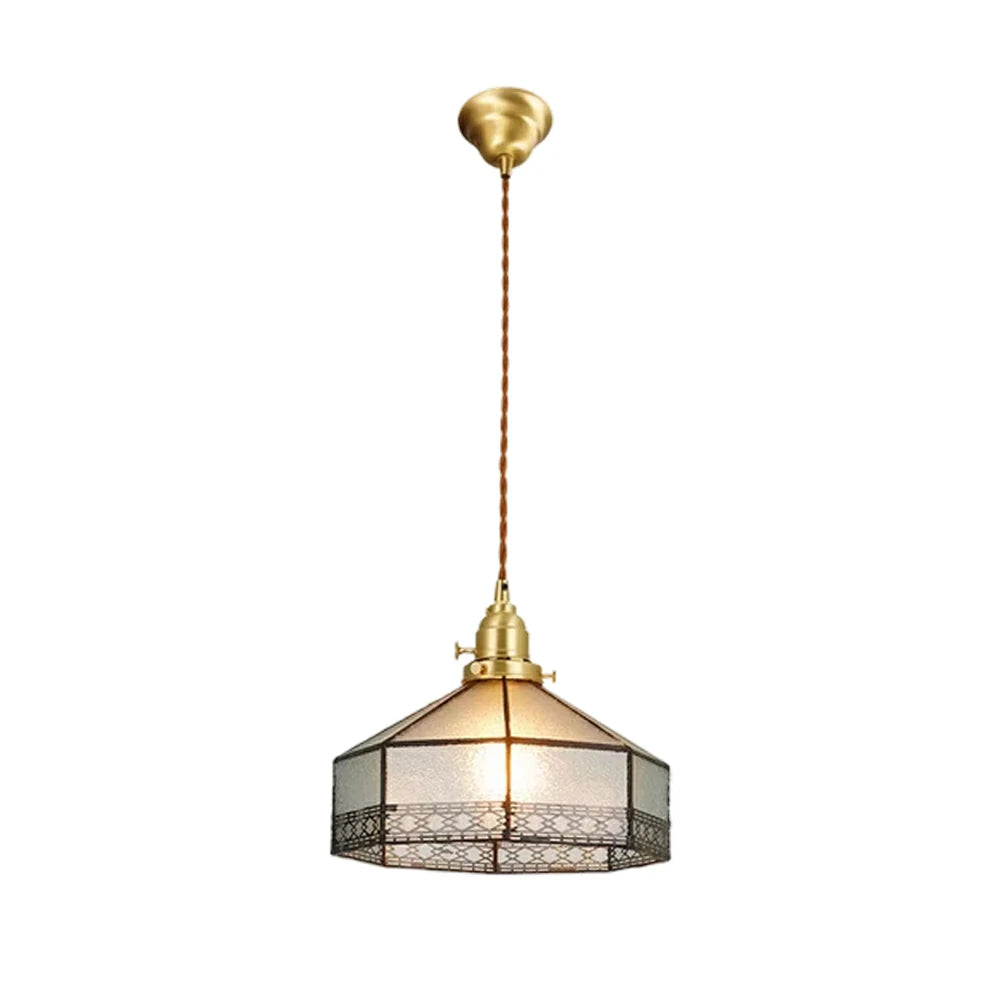 LIVARA Tiffany Stained Glass Pendant Light Octagonal Design Brass Head for Dining Room Bedroom Living Room - White