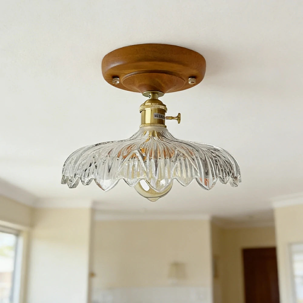 LIVARA Vintage Glass Ceiling Light 6W Warm LED Solid Wood Base Carved Floral Design 24x22cm for Bedroom Hallway Entry