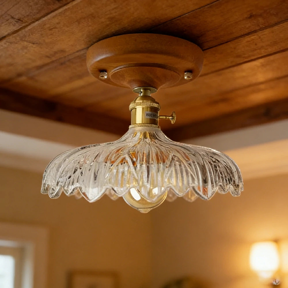 LIVARA Vintage Glass Ceiling Light 6W Warm LED Solid Wood Base Carved Floral Design 24x22cm for Bedroom Hallway Entry