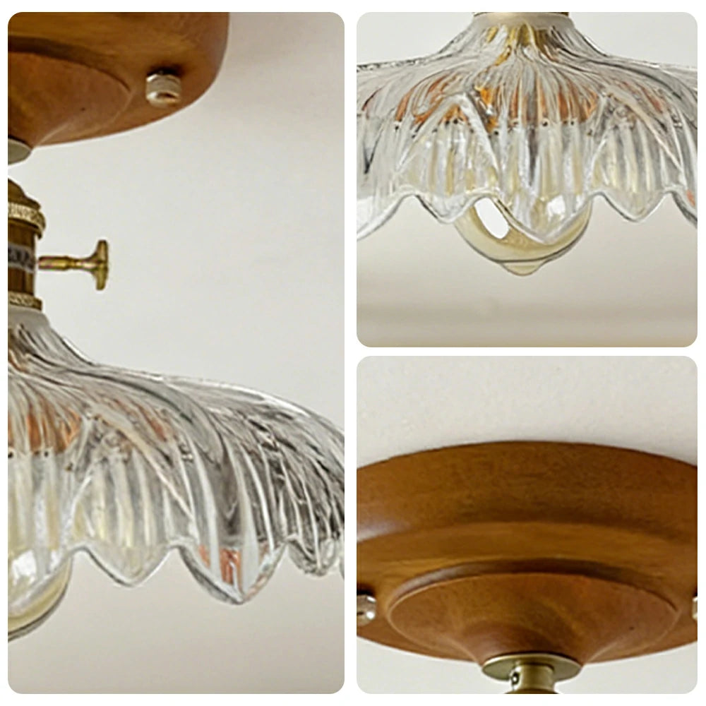 LIVARA Vintage Glass Ceiling Light 6W Warm LED Solid Wood Base Carved Floral Design 24x22cm for Bedroom Hallway Entry