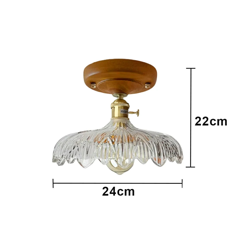 LIVARA Vintage Glass Ceiling Light 6W Warm LED Solid Wood Base Carved Floral Design 24x22cm for Bedroom Hallway Entry