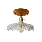 LIVARA Vintage Glass Ceiling Light 6W Warm LED Solid Wood Base Carved Floral Design 24x22cm for Bedroom Hallway Entry